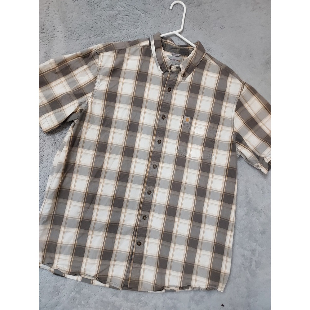 Carhartt Shirt Mens XL Tall Relaxed Fit Essential Plaid Short Sleeve Gray XLT